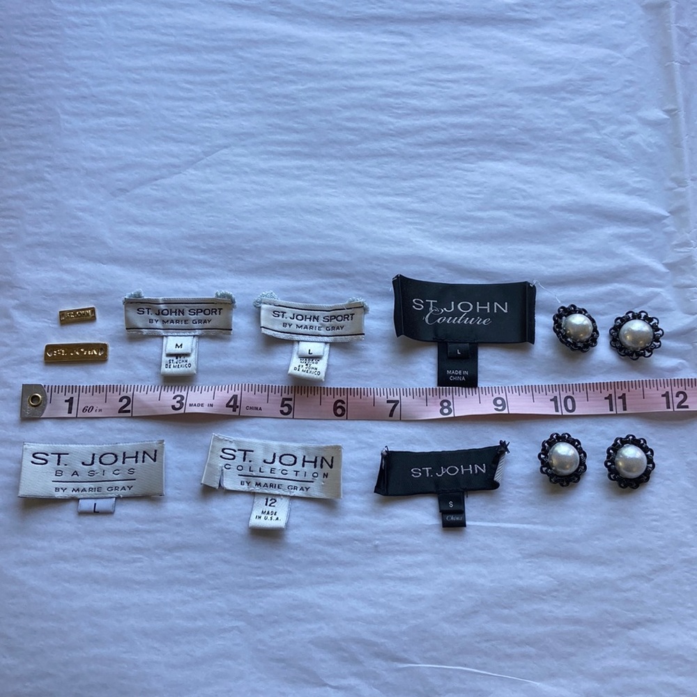St. John clothing garment tags, metal logos and buttons used great condition